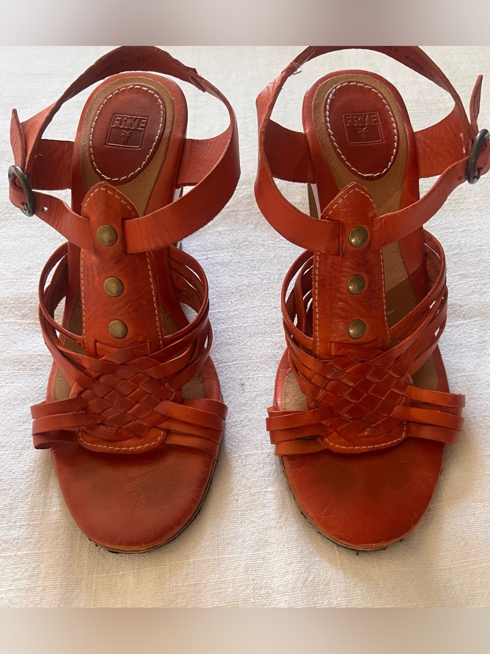 Frye Gabriella Orange Leather Wooden Wedge Sandals - Size 8